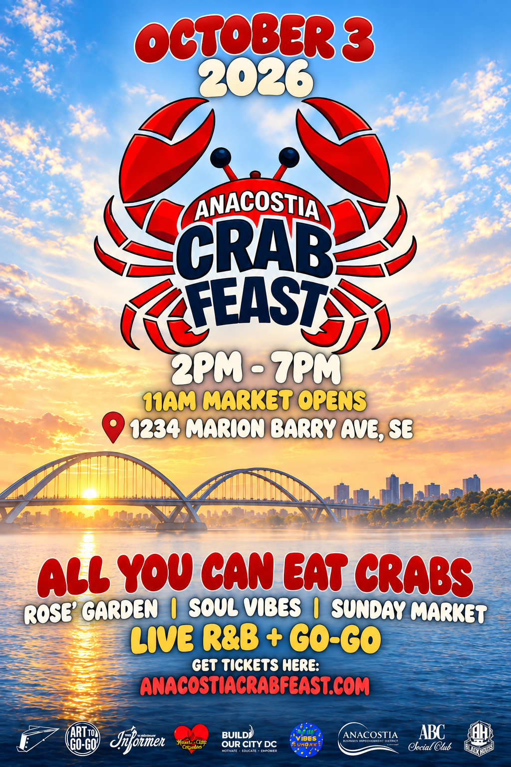 Anacostia Crab Feast flyer: October 3, 2026, 2PM to 7PM, 1234 Marion Barry Ave SE